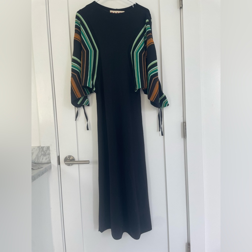 Marni Black Maxi Dress with Green and Brown Striped Kimono Sleeves